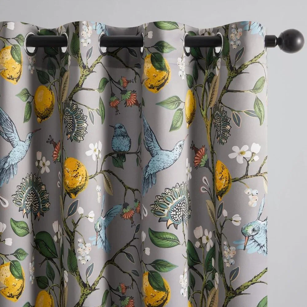 Floral Lemon Hummingbird Curtains Patterned Waverly Mid-Century Style